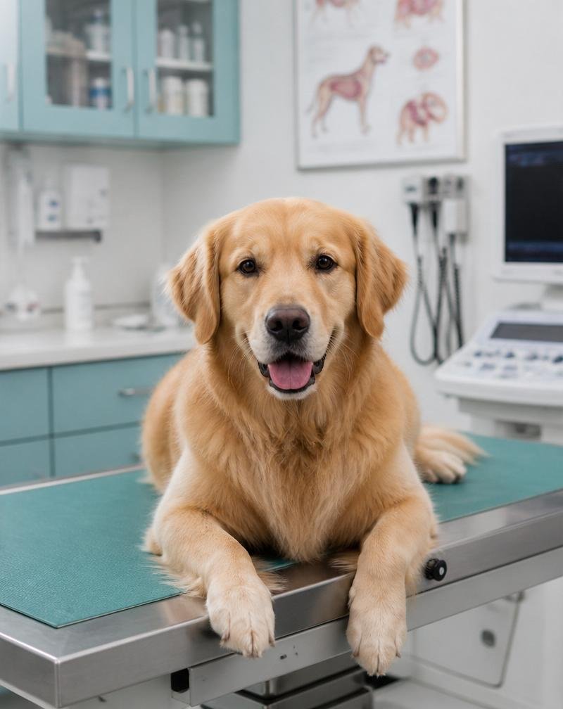 Golden retriever em ambiente clínico veterinário de alta tecnologia